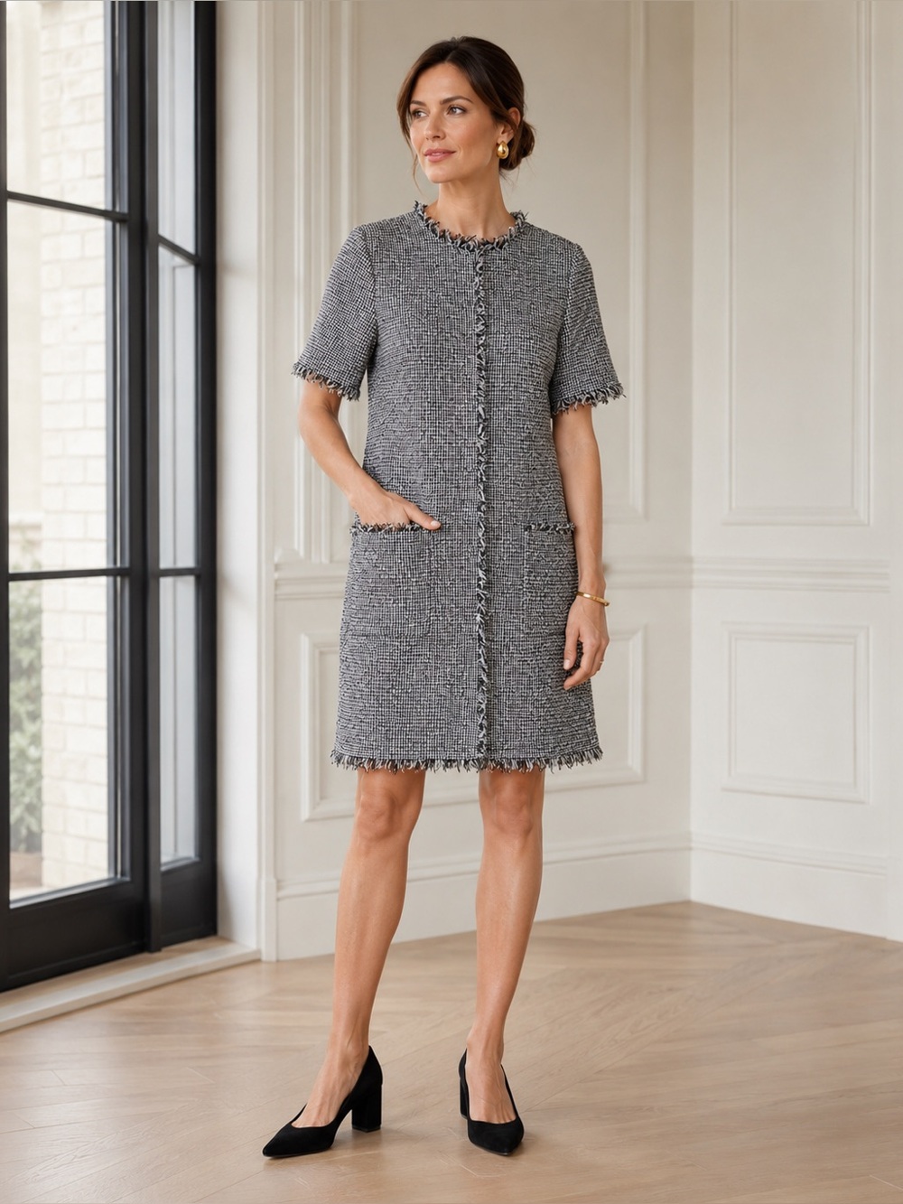 LK Bennett Nessa Tweed Shift Dress Black Cream Frayed Trim Size 6
